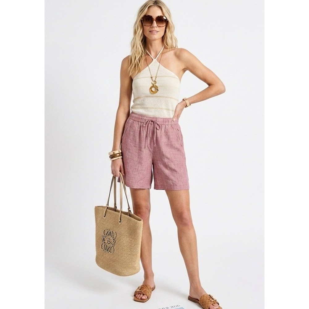 Tahari Linen 6" Shorts Women Size S Rose Pink Drawstring Elastic Waist Good